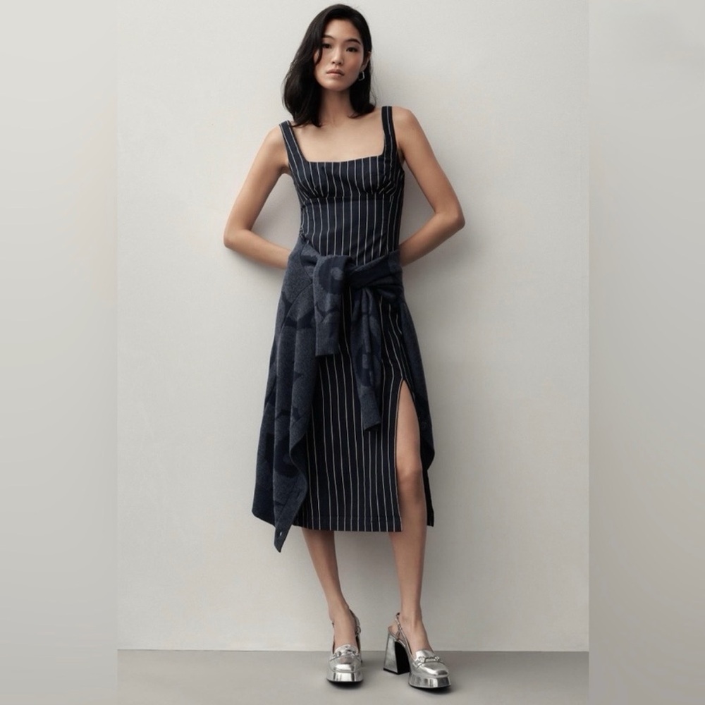 Anthropologie Navy Pinstripe Square Neckline Midi Dress with Side Slit. NWT. XS.